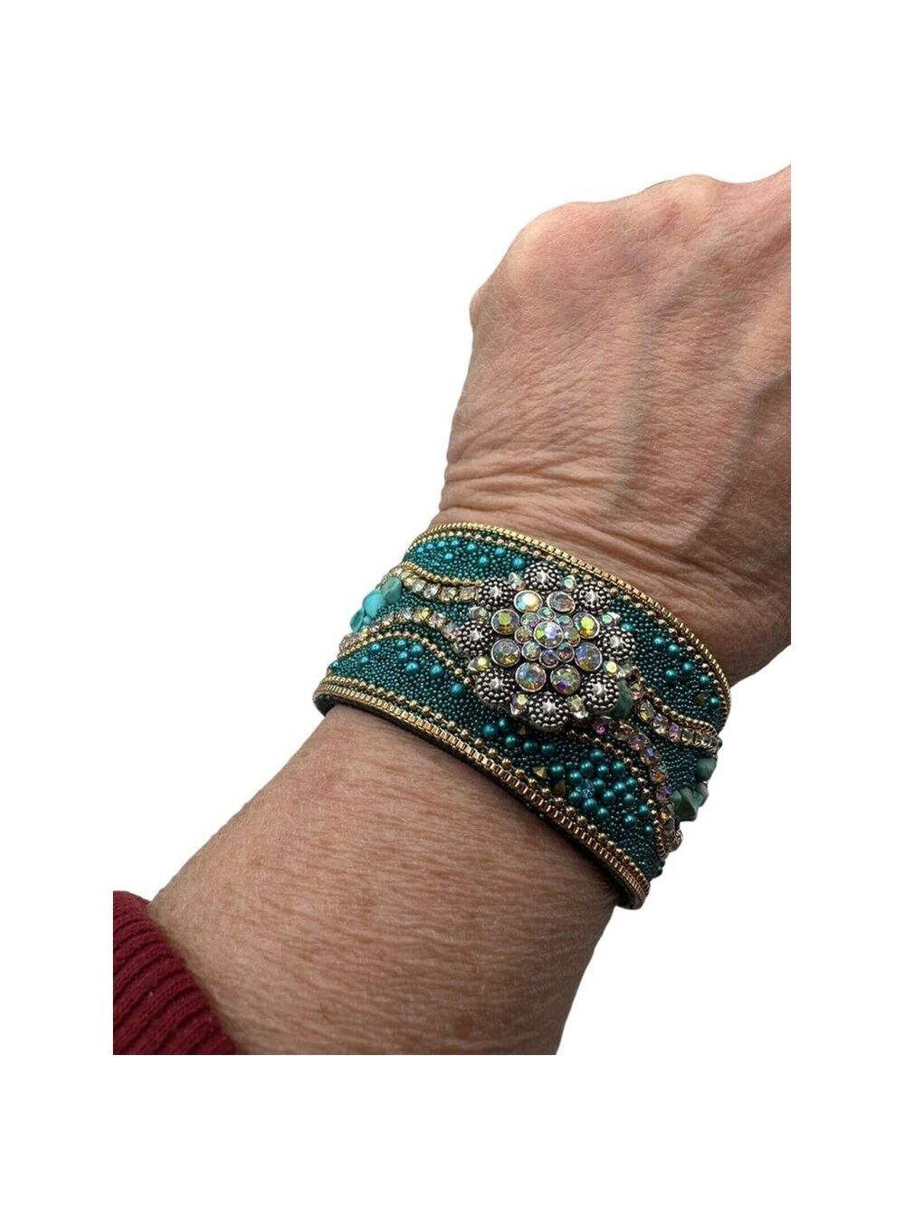 Turquoise & Gold Boho Cuff Bracelet w/ Sparkling Round 18mm Ginger Snap! NWT